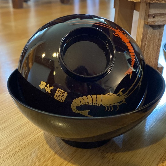 Dining | Vintage Japanese Black Lacquer Rice Bowls Wlids Set Of 5 Made ...